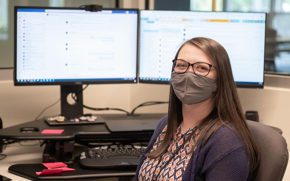 Makayla Nichols from ITS continues to keep Colorado College's technology up and running during the pandemic. Though many faculty and staff members continued to work, both at home and on campus, throughout the pandemic, Colorado College is celebrating the beginning of a return to normalcy and a return to work. Photo by Josh Birndorf ’20
