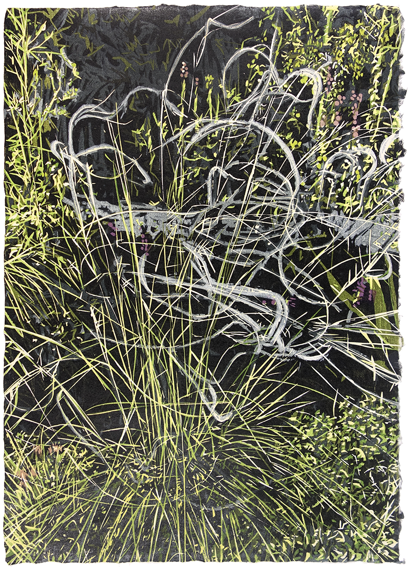 woodblock print with feather grass