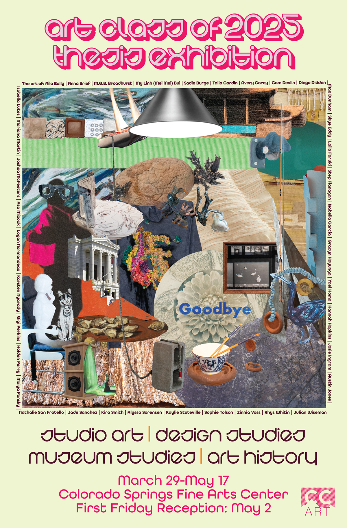 Collage image of student work at center of informational poster
