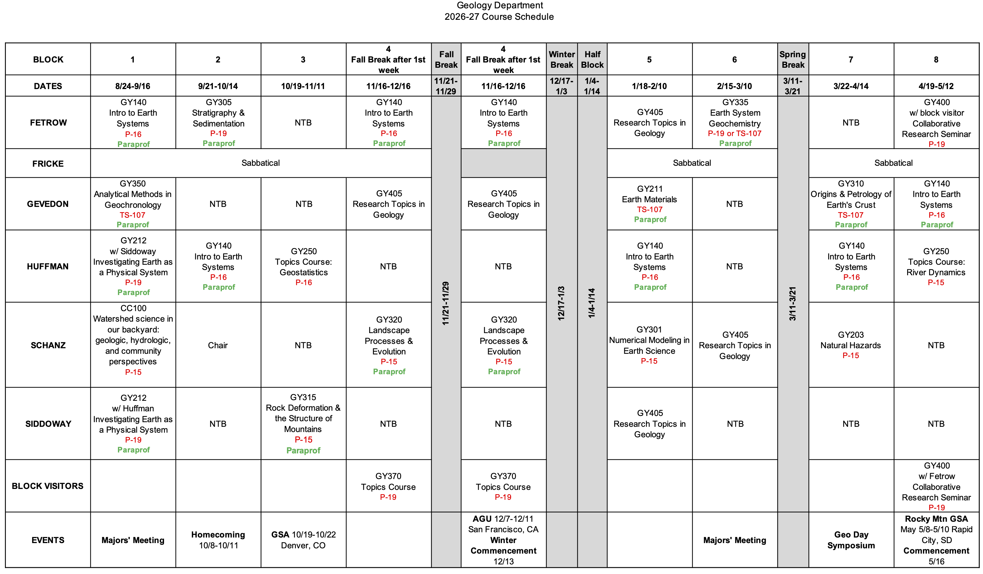 Course schedule 2026-27