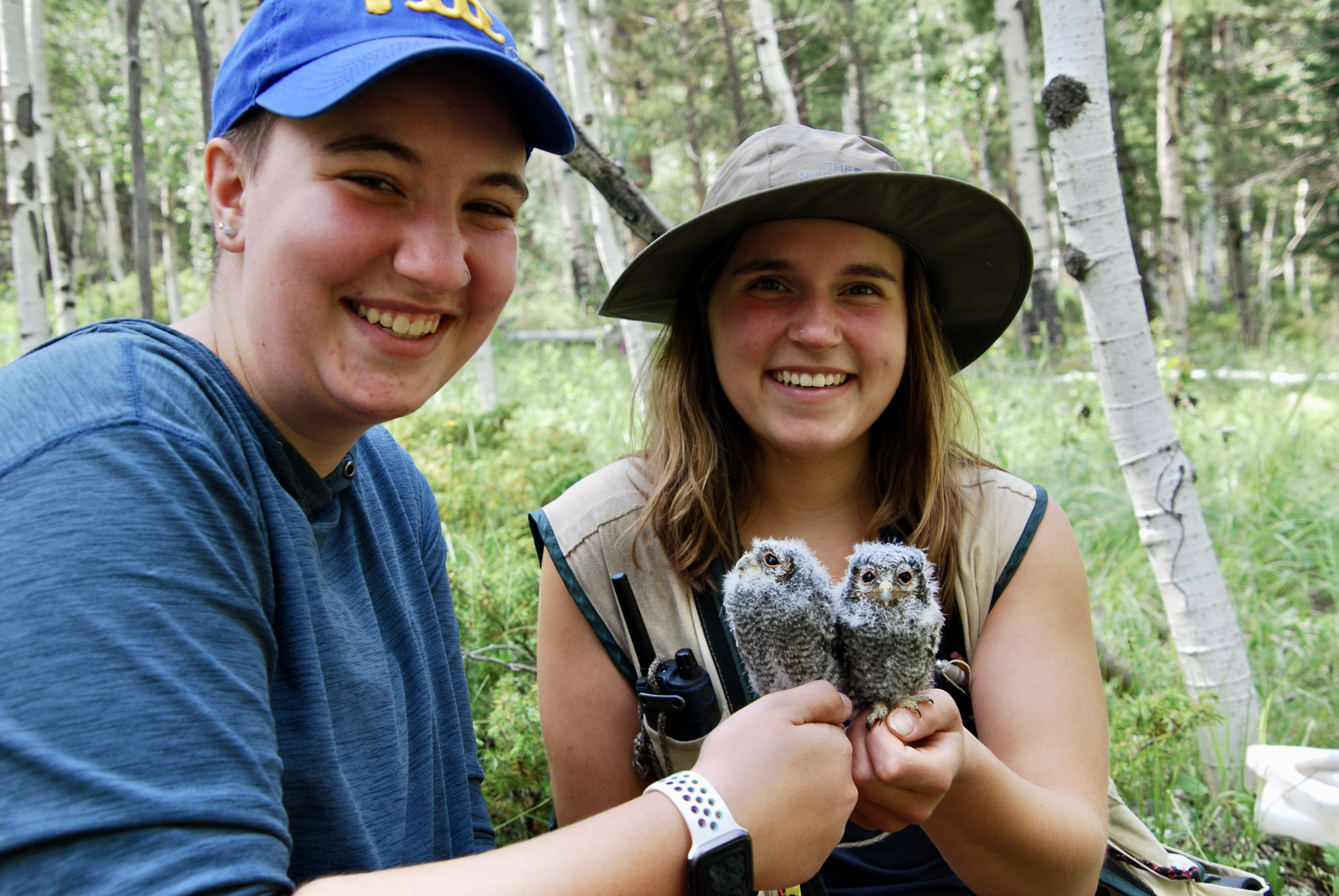 Courtney Knerr '21 and Megan McVeigh '23 with two Flammulated Owl chicks as part of their research with Prof. Brian Linkhart. <span class="cc-gallery-credit">[Olivia Noonan]</span>