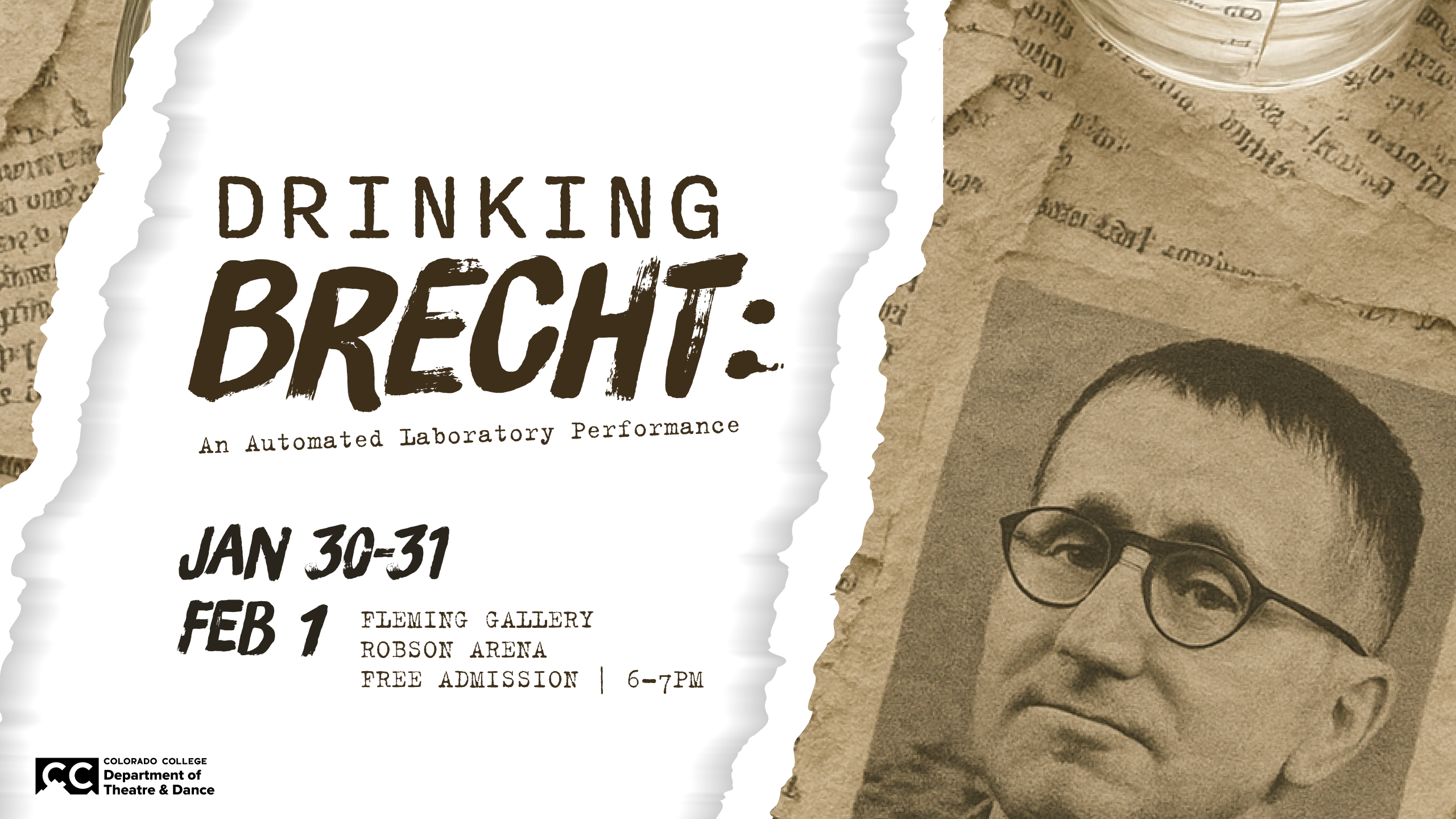 A sepia-toned poster titled “Drinking Brecht,” featuring a vintage portrait of Bertolt Brecht and event dates in late January and early February, with free admission.