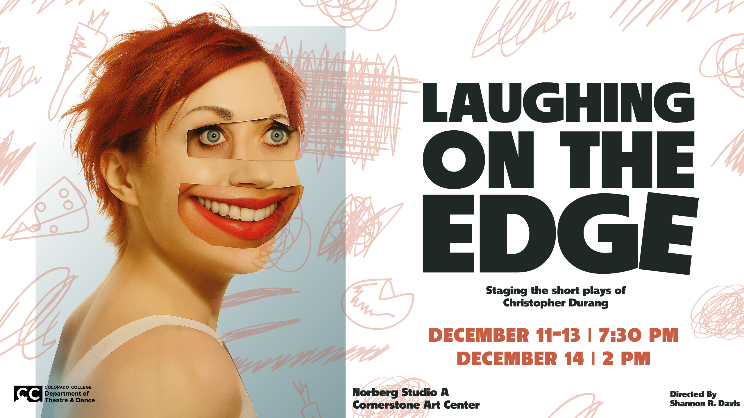 A striking performance poster titled “Laughing on the Edge,” using bold typography and a high-contrast, contemporary design to evoke tension between humor and unease.