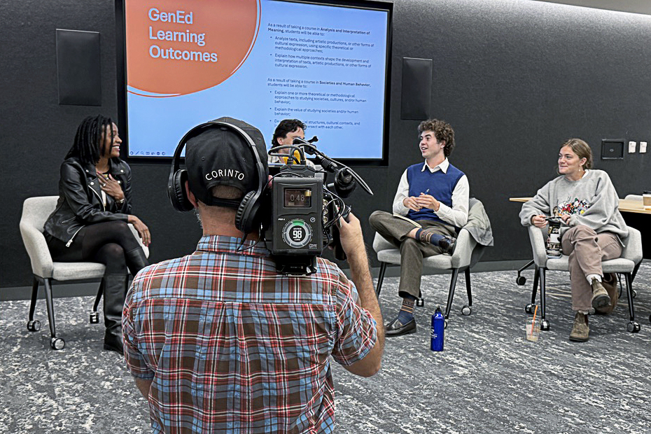 CC President Manya Whitaker learns about final project presentations from students Finn Donahue '27, Asa Gartrell '26, and Allison Barker '27, while videographer and CC alumnus Jesse Achtenberg '99 documents the moment. Photo provided by Ryan Bañagale