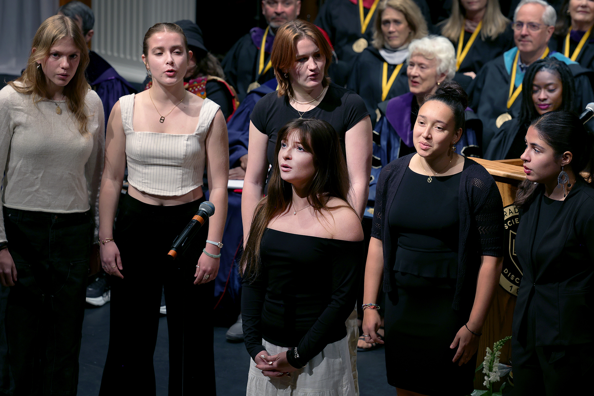 CC choir Ellement A Capella sings "Rise Up" by Andra Day, one of President Whitaker's favorite songs, at her Inauguration in Richard Celeste Theatre on November 8, 2025. Photo by Jamie Cotten / Colorado College