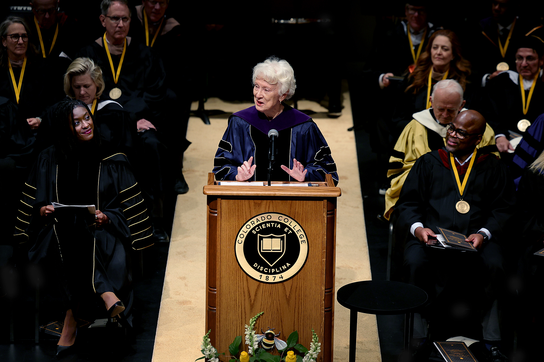 Former CC President Kathryn Mohrman, the first woman to become president of the college (1993-2002), spoke about how far Colorado College has come in its 151 years as a prestigious institution of higher education. Photo by Jamie Cotten / Colorado College