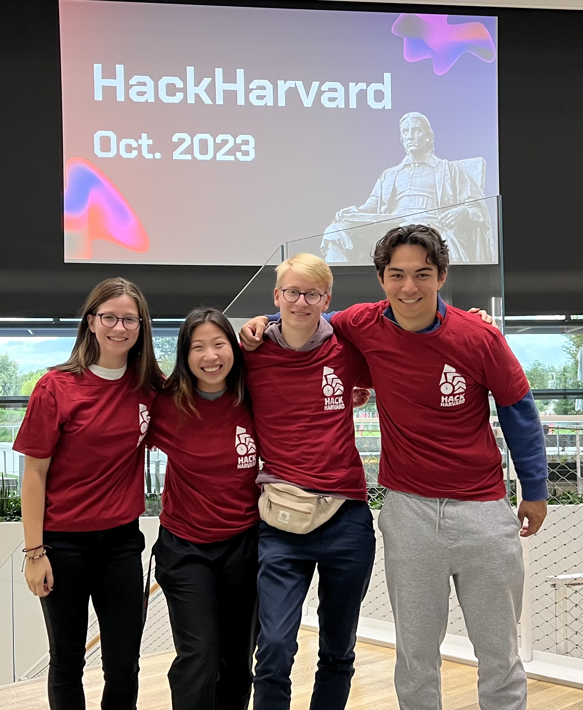 From l-r: CC computer science students Kylie Bogar '27, Primera Hour '25, David Prelinger '25, and Ronan Takizawa '26 pose at Harvard Hackathon. Photo provided by Ronan Takizawa