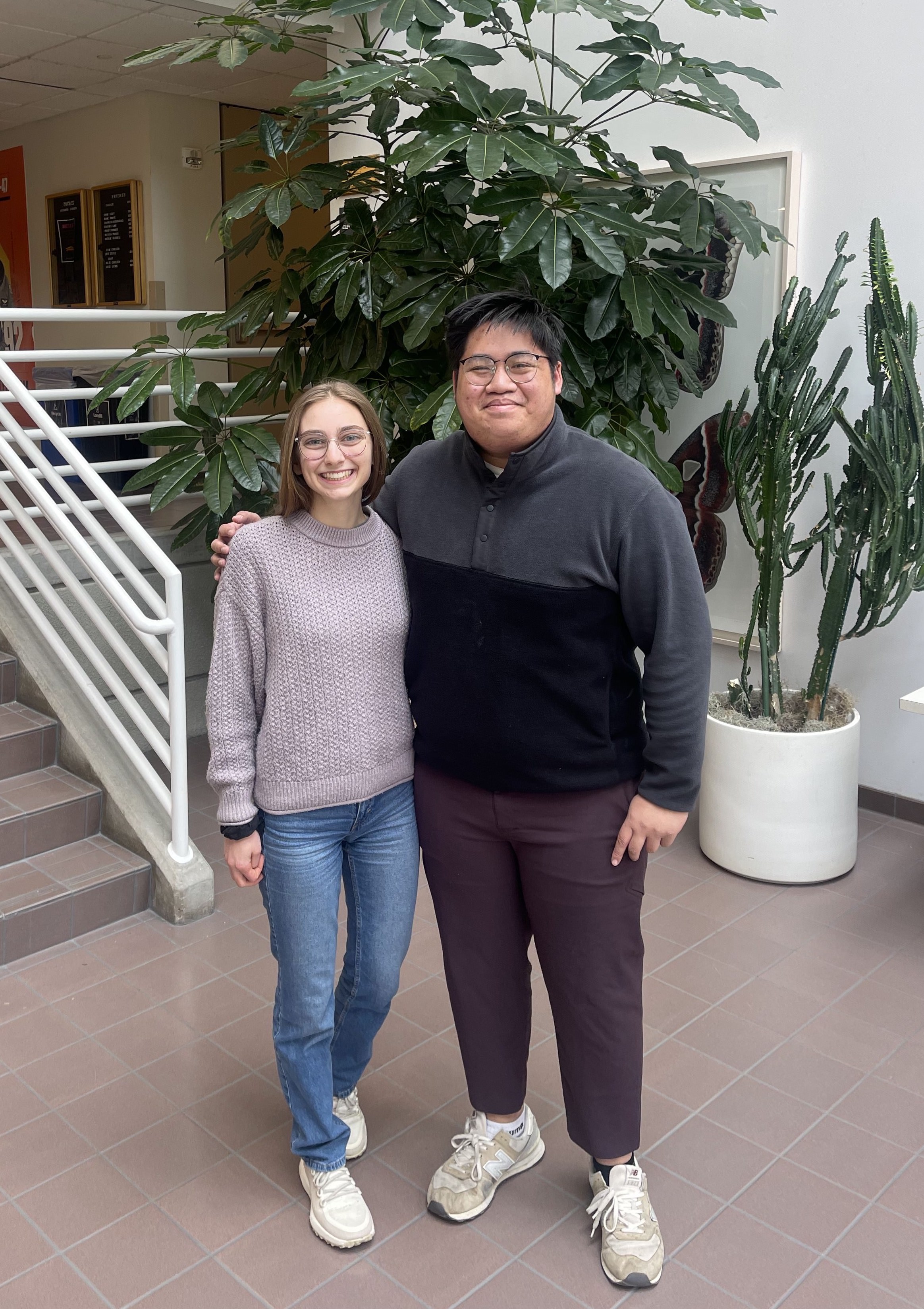 John L&amp;#234; '24 and Victoria Rosa '24 are pictured in Barnes Science Hall on April 26, 2023. Photo by Murphy Brasuel '96.