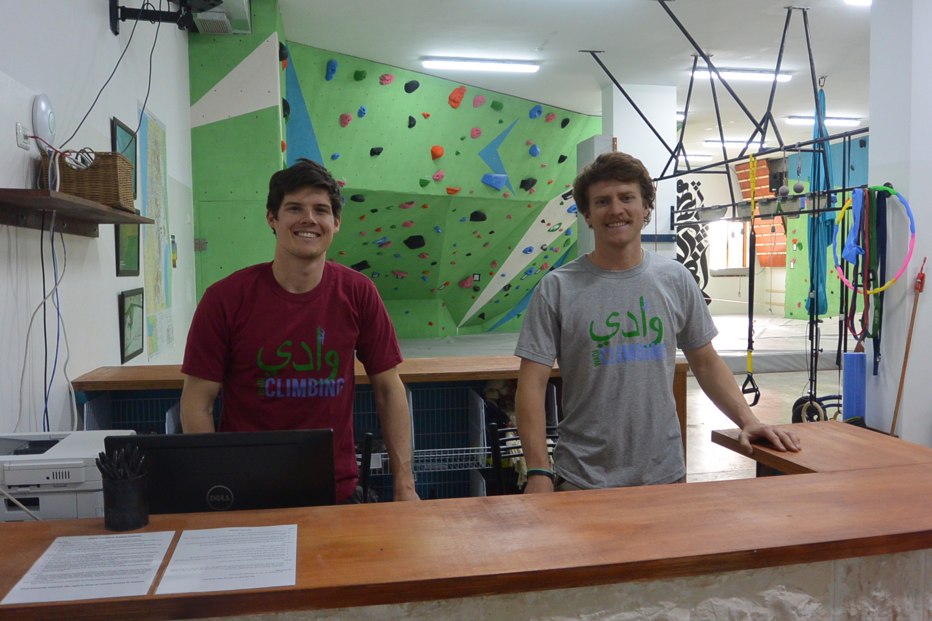 CC alums Tim Bruns '14 and Will Harris '14 standing in the Wadi Climbing Gym they founded in Palestine.