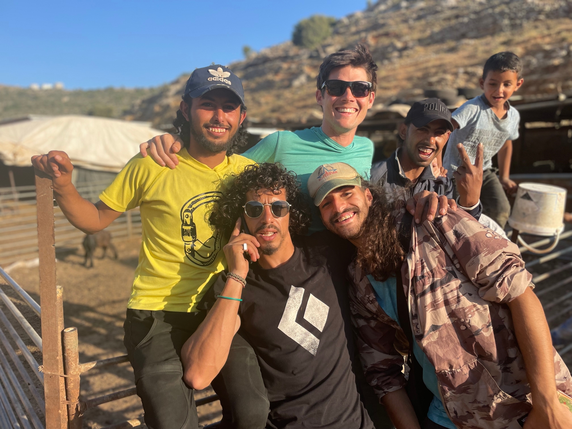 Tawfiq Najada, Urwah Askar, Tim Bruns, Faris Abu Gosh, Tareq Najada and Najeh Najada while filming “Resistance Climbing” in Palestine in May 2022. (Photo by Austin Siadak) 
