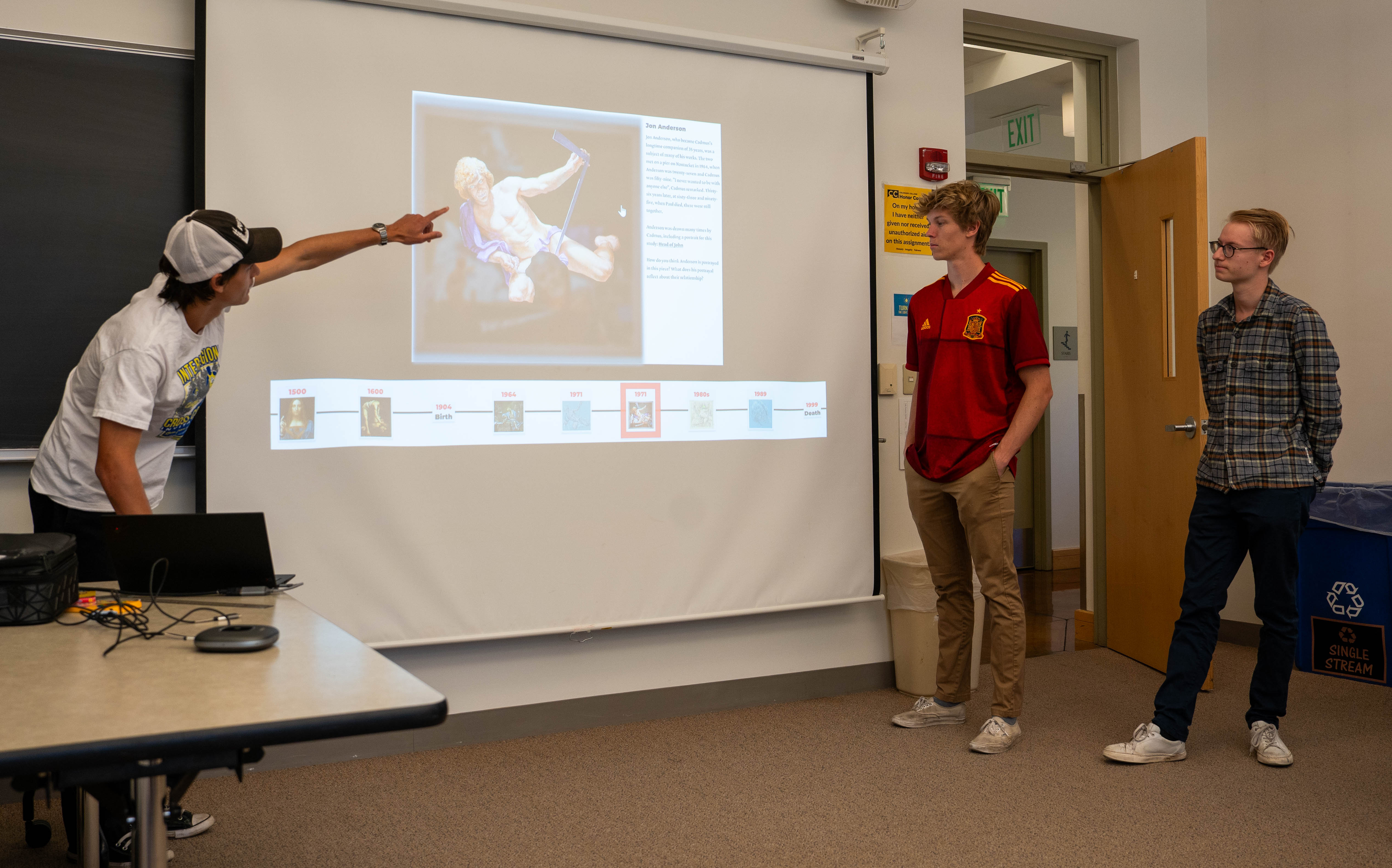 James Settles '24, Stewart Sessions '25, and David Prelinger, an exchange student from Germany, present their final project in Dr. Varsha Koushik's Foundations of Human-Centered Computing during Block 2.