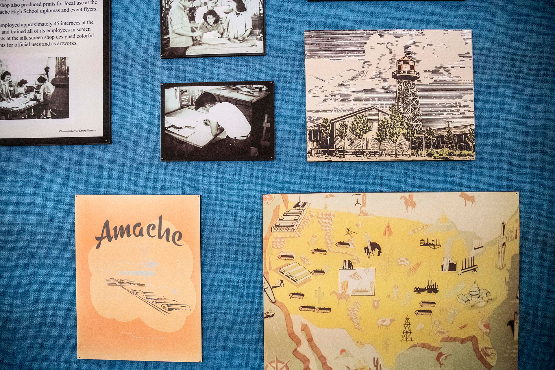 One of the many topics that is presented and covered at the Amache Museum is the wartime screenprint shop that was operated at the Amache Internment Camp. Examples of work and photographs of the artists are on display.  Photo by Jennifer Coombes.