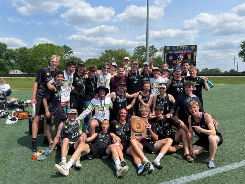 Colorado College's Men's Ultimate Frisbee Team poses for a picture after winning the D-III National Championships on May 22, 2023, in Ohio. Photo submitted by Wasabi Ultimate.