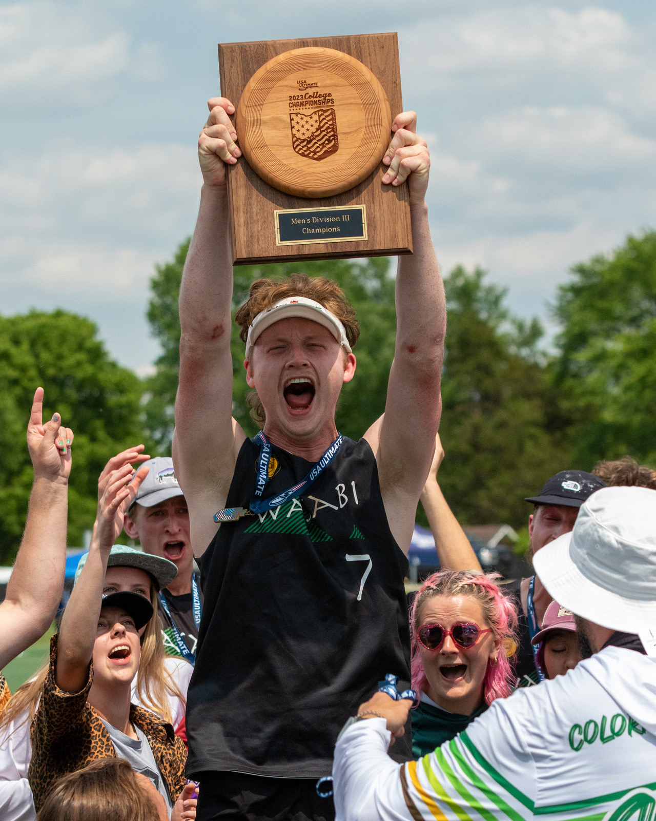 Lincoln Grench '23 celebrates after winning the D-III National Championships in May 2023. Photo submitted by Wasabi Ultimate.