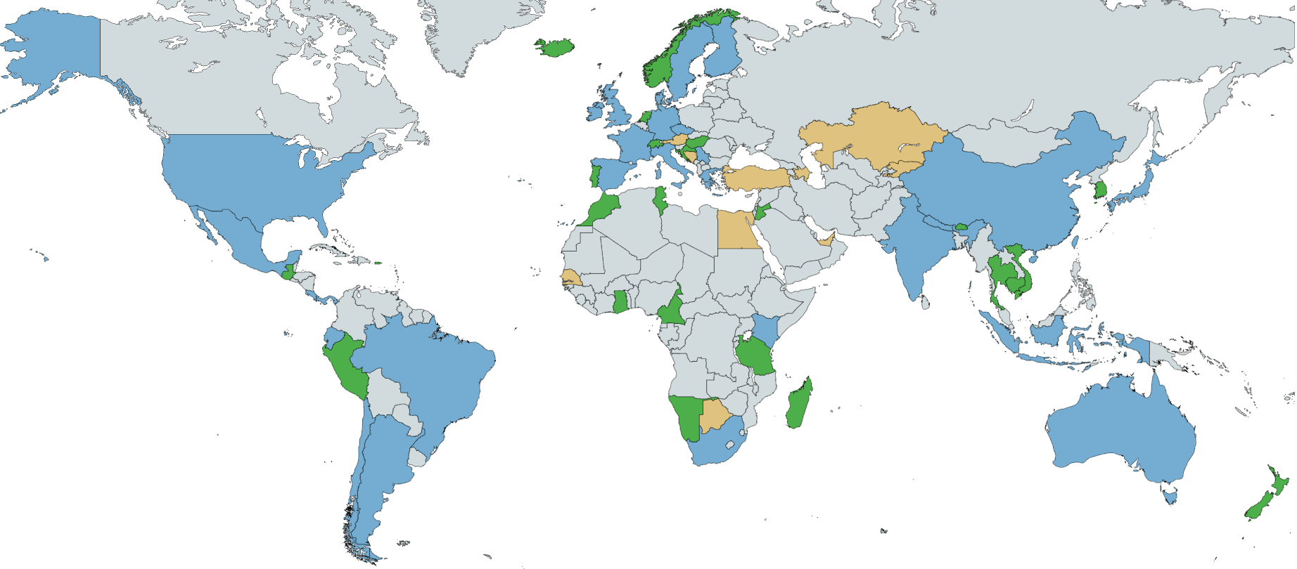 A World Map with countries in different colors to indicate their availability for study abroad.