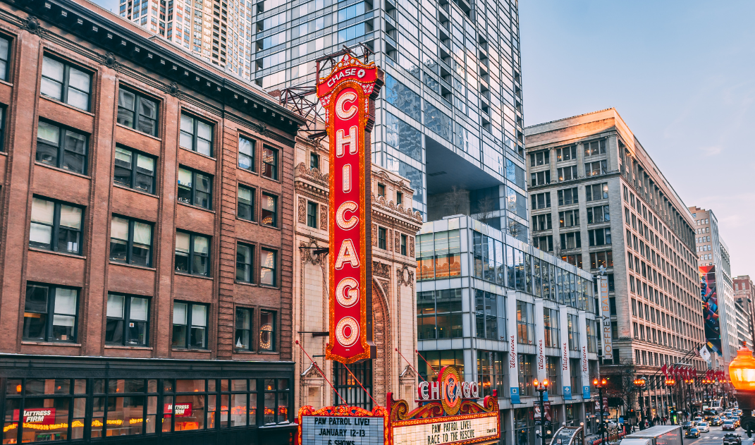 Chicago street with the famous Chicago Theater sign. 