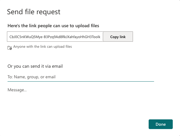 Microsoft dialog box showing the File Request link with space for adding email addresses and a note to share the file request directly. 