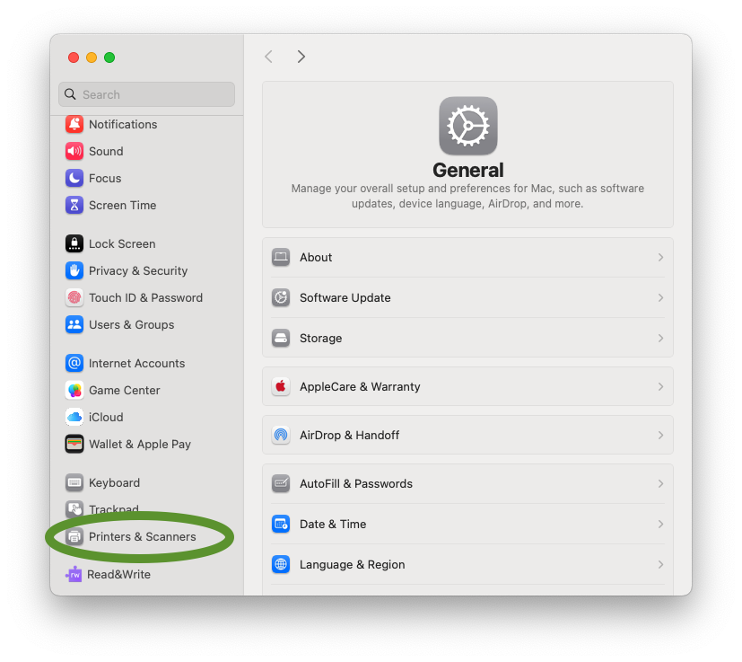 screen grab of macOS system settings window with printers and scanners circled on the bottom left
