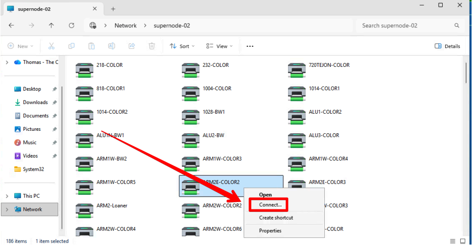 screengrab of Windows File Explorer on Supernode-02 with lots of printers