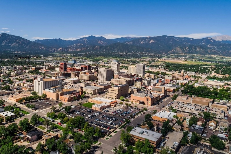 Aerial view of Colorado Springs and Pikes Peak