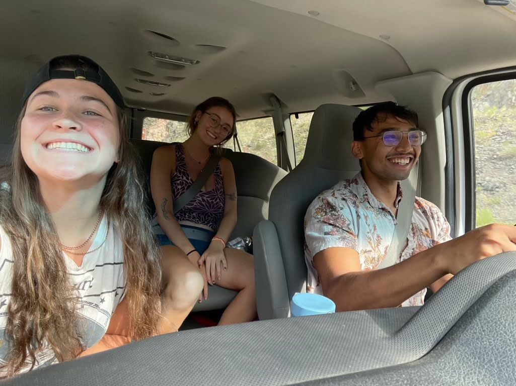 Natasha, Mustafa, and Alice driving Southwest in Colorado