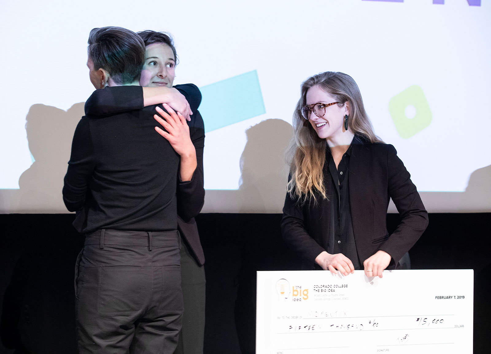 Anna Gilbertson '19 and Alana Aamodt '18 celebrate their first place win. Four teams competed in the final round of the Big Idea, a startup competition hosted by Innovation @ CC on Feb. 7m 2019 in Celeste Theater. The competing teams were SaFire, Advanced Water Sensing, Momentix and Infinite Chemistry. The teams competed for $25,000. First place went to Momentix while Advanced Water Sensing took second place. <span class="cc-gallery-credit"></span>