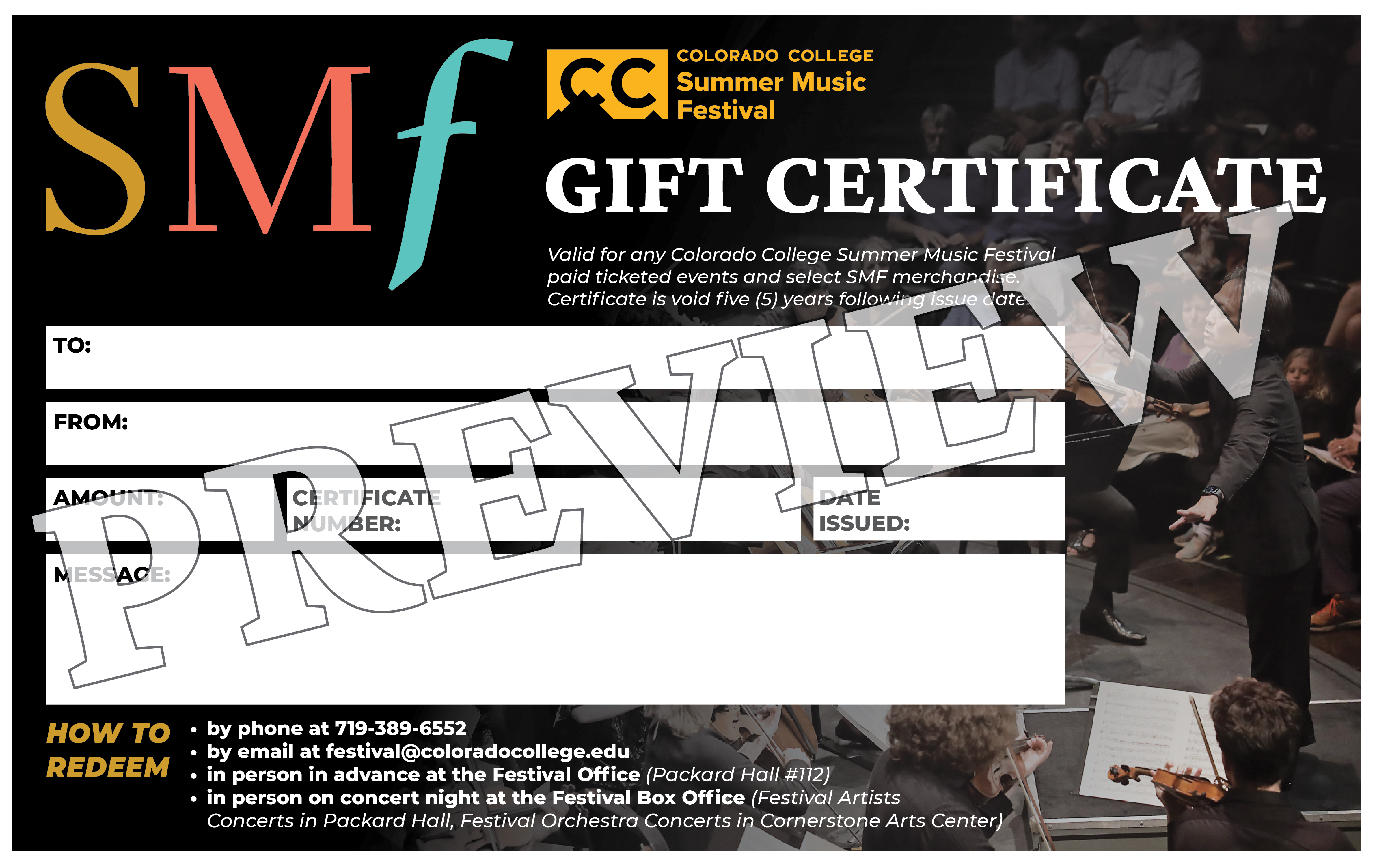 Gift certificate image including Scott Yoo conducting