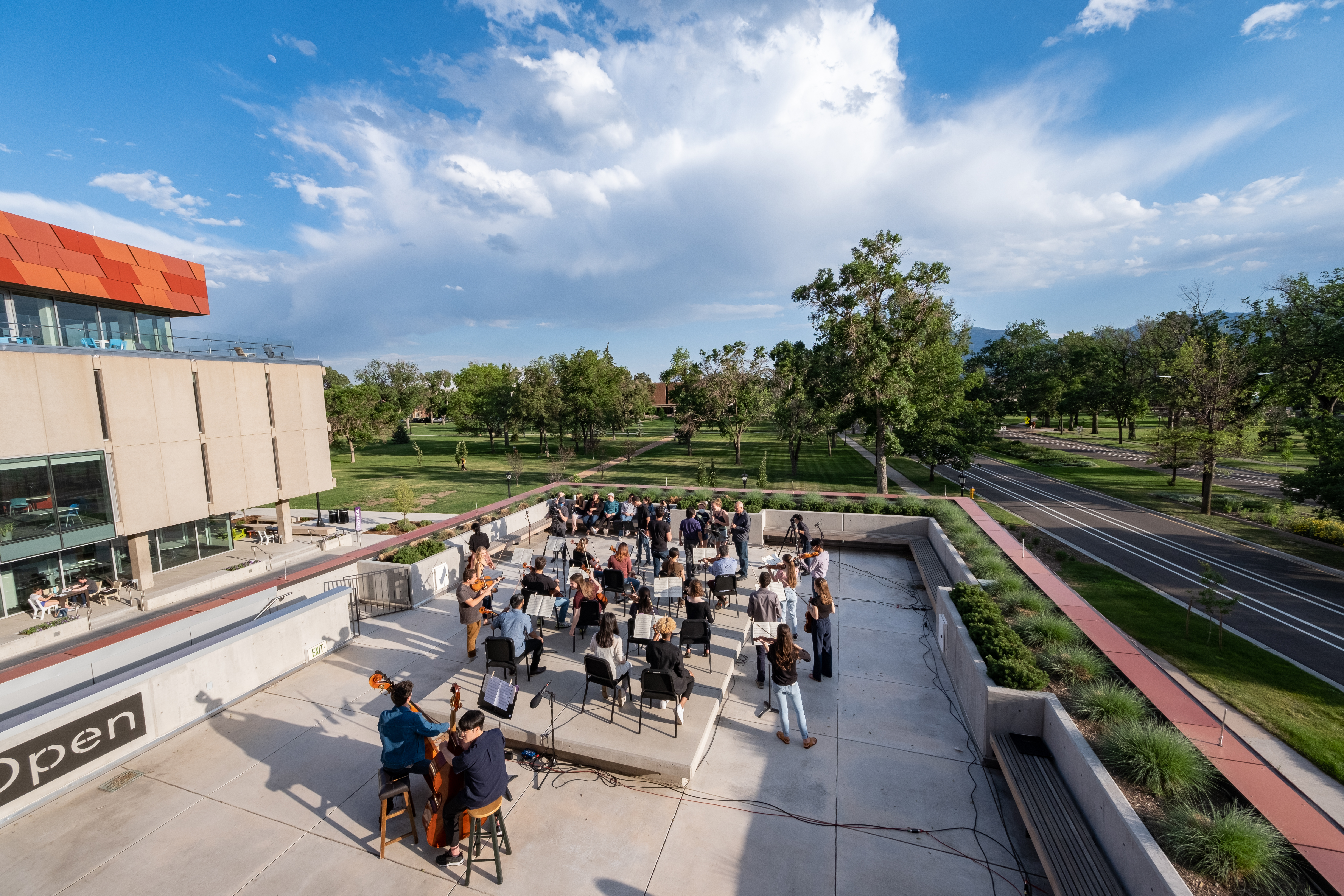 Playing Copland on the Tutt Library roof <span class="cc-gallery-credit">[Josh Birndorf]</span>